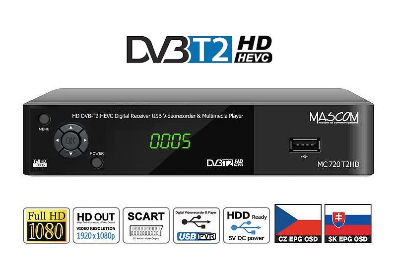 MC720T2 HD Přijímač DVB-T2 HEVC, ovladač TV CONTROL